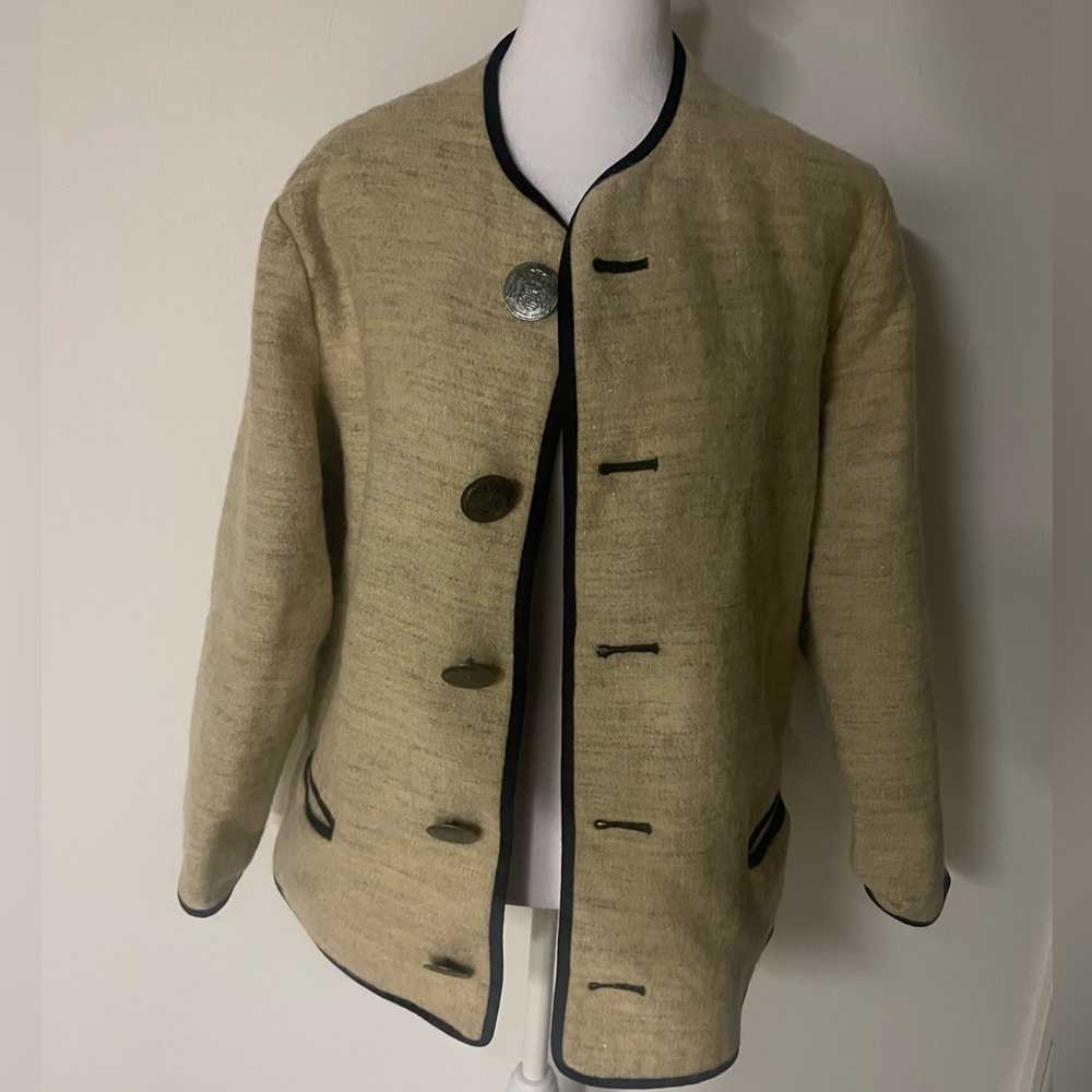 Vintage Austrian wool coat Beige Button-Up Jacket with Black Trim